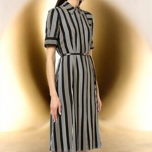 NWT Altuzarra ‘Kieran’ 100% Silk Black, White & Tan Belted Shirt Dress Size 38/6